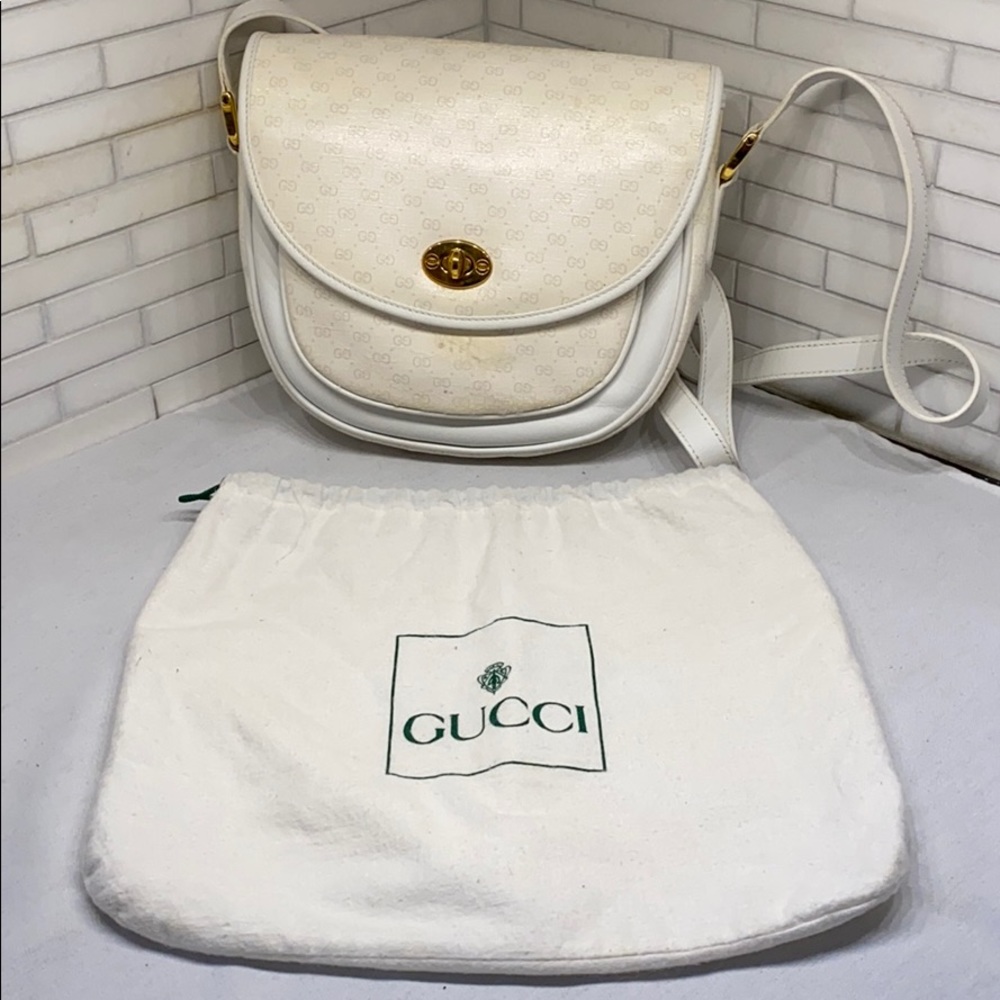 GUCCI vintage white leather/canvas shoulder bag